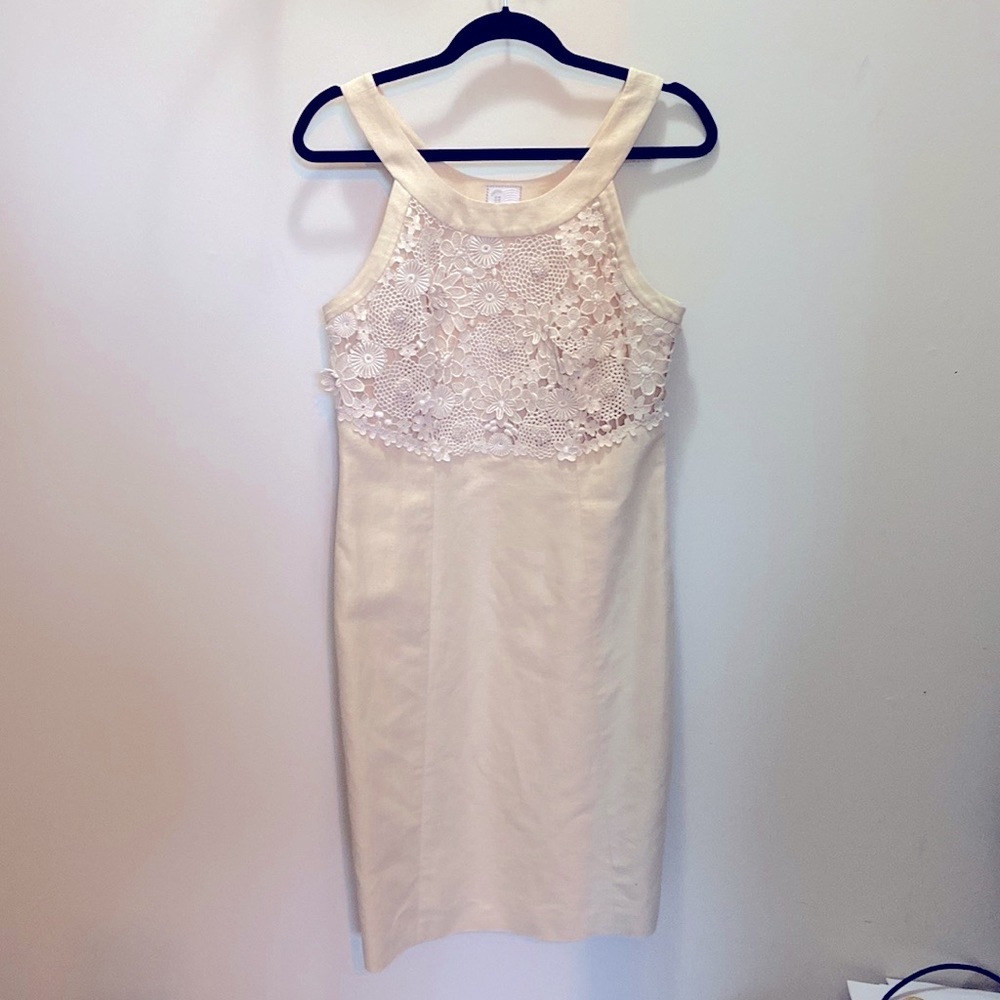 Anthropologie cream linen/lace insert lined sleeveless dress. Size 8.